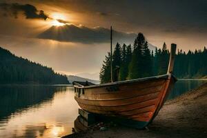 foto fondo de pantalla el cielo, lago, bote, atardecer, bote, atardecer, bote, lago,. generado por ai