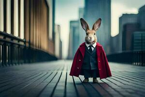 a rabbit dressed in a suit and tie standing on a bridge. AI-Generated photo