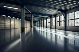 an empty warehouse with lots of windows and a large door. AI-Generated photo