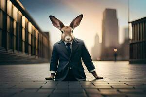 a rabbit dressed in a suit and tie sits on the ground. AI-Generated photo