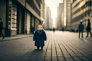 un Conejo vestido en un traje y Corbata en pie en un calle. generado por ai foto