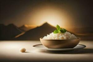 the rice is served in a bowl with a leaf on top. AI-Generated photo