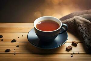 a cup of coffee on a wooden table. AI-Generated photo
