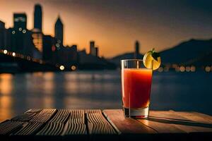 a glass of orange juice on a table in front of a city skyline. AI-Generated photo