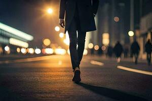 a person walking down the street at night. AI-Generated photo