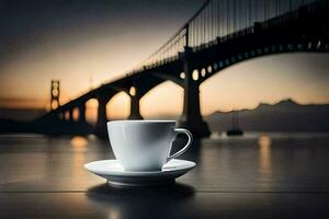 a cup of coffee sits on a table in front of a bridge. AI-Generated photo