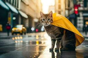 a cat is standing in the rain with a yellow umbrella. AI-Generated photo