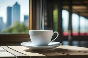 a cup of coffee on a table with a city view. AI-Generated photo