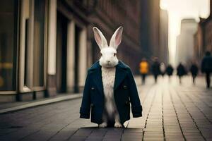 a white rabbit wearing a coat and tie on a city street. AI-Generated photo