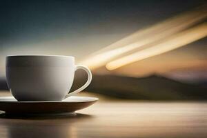 a cup of coffee on a table with a view of the mountains. AI-Generated photo