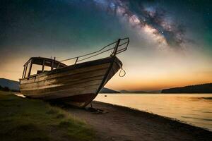 un barco se sienta en el apuntalar debajo un estrellado cielo. generado por ai foto