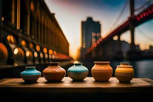 cinco floreros sentado en un mesa en frente de un puente. generado por ai foto