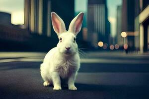 a white rabbit is sitting on the street in front of a city. AI-Generated photo