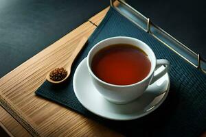 a cup of tea on a wooden tray. AI-Generated photo