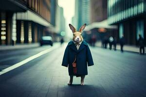 a rabbit dressed in a suit and tie standing on a city street. AI-Generated photo