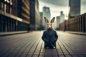 a rabbit wearing a suit and tie on the street. AI-Generated photo