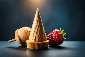 ice cream cones with strawberries on a dark background. AI-Generated photo