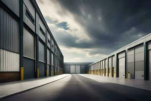 an empty warehouse with dark clouds in the background. AI-Generated photo