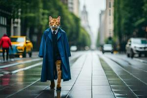 un gato vestido en un traje y Corbata caminando abajo un calle. generado por ai foto