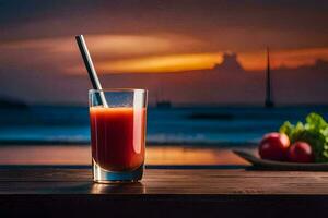 a glass of juice with a straw on a table in front of the sunset. AI-Generated photo