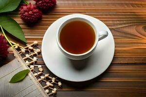 a cup of tea on a wooden table. AI-Generated photo