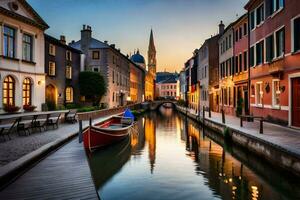 a canal in the middle of a city with boats. AI-Generated photo