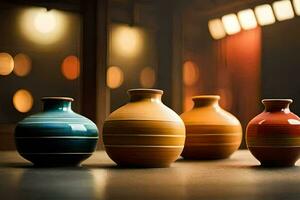 four colorful vases are lined up on a table. AI-Generated photo