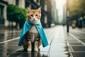 a cat wearing a blue cape on a rainy street. AI-Generated photo