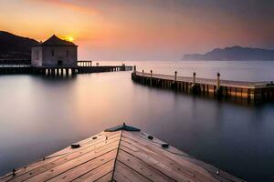 un barco muelle a puesta de sol con un casa en el antecedentes. generado por ai foto