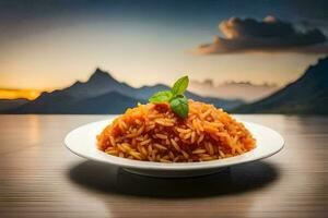 a plate of rice with a mountain view. AI-Generated photo