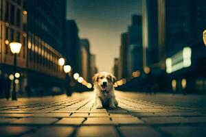 un perro es en pie en el medio de un ciudad calle. generado por ai foto