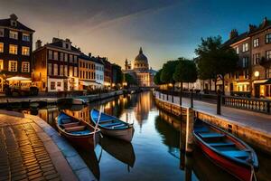 boats are docked in a canal at sunset. AI-Generated photo