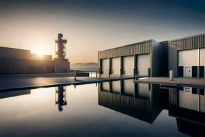 a large industrial building with a large water body. AI-Generated photo