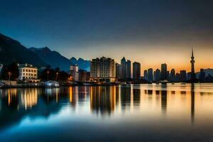 el ciudad horizonte es reflejado en el agua a puesta de sol. generado por ai foto