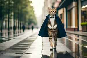 a cat dressed in a suit and tie walking down a street. AI-Generated photo