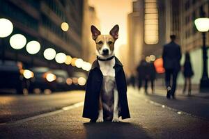 a dog dressed in a tuxedo standing on a city street. AI-Generated photo