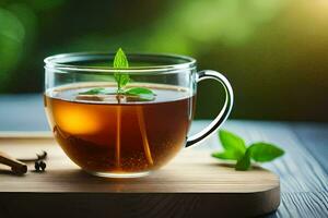 a cup of tea with mint leaves and cinnamon sticks. AI-Generated photo