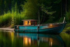 a boat sits on the shore of a river at night. AI-Generated photo