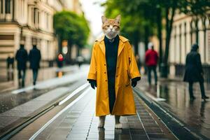 a cat wearing a yellow coat and standing on a street. AI-Generated photo