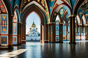 the interior of a church with stained glass windows. AI-Generated photo