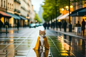 a cat in a yellow raincoat standing on a wet street. AI-Generated photo