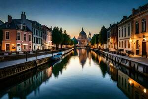 a canal in the middle of a city at dusk. AI-Generated photo