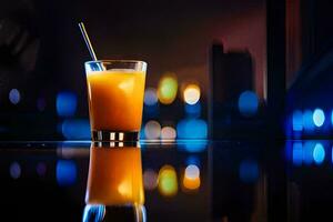 a glass of orange juice on a table in front of a city skyline. AI-Generated photo