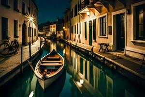 un barco es sentado en un canal a noche. generado por ai foto
