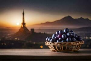 grapes in a basket on a table with the eiffel tower in the background. AI-Generated photo