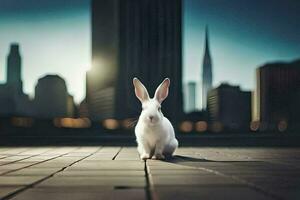 un Conejo sentado en el suelo en frente de un ciudad. generado por ai foto