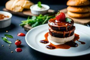 a plate with a cake and strawberries on it. AI-Generated photo