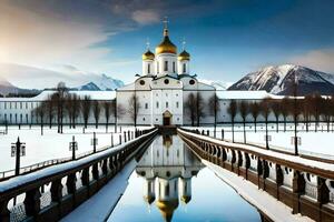 el kremlin en invierno con nieve y montañas en el antecedentes. generado por ai foto