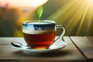 a cup of tea with a green leaf on the saucer. AI-Generated photo
