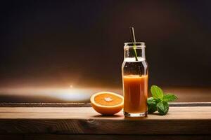 orange juice in a glass with mint leaves on a wooden table. AI-Generated photo